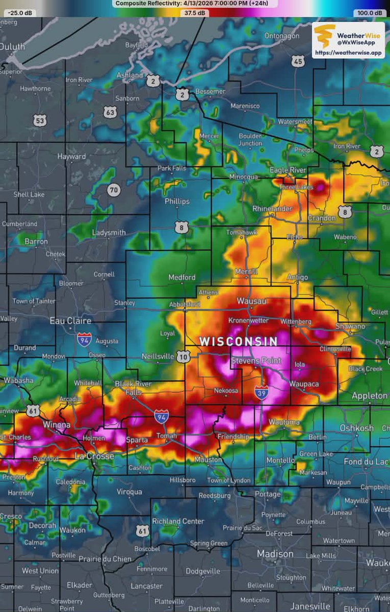 TomPurdyWI's tweet photo. Not saying this will happen, but the RRFS-A has one hell off a bookend vortex transiting across central Wisconsin tomorrow evening showing surface gusts upwards of 90mph+  #wiwx https://t.co/7MkCbCd4M7