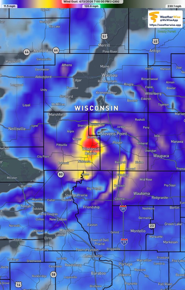TomPurdyWI's tweet photo. Not saying this will happen, but the RRFS-A has one hell off a bookend vortex transiting across central Wisconsin tomorrow evening showing surface gusts upwards of 90mph+  #wiwx https://t.co/7MkCbCd4M7