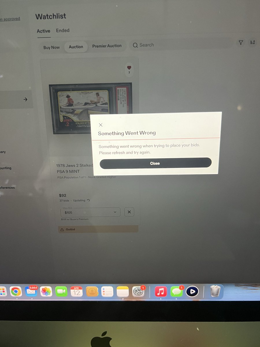 Rarevideogames's tweet photo. @FanaticsCollect are these normal errors?   I constantly got them tonight when trying to bid on your site.   I refreshed reloaded closed out tabs and bid instantly each time I was outbid only to see the auction end when I was out bid a minute or so before and was not able to bid https://t.co/ALGU6HS9kc