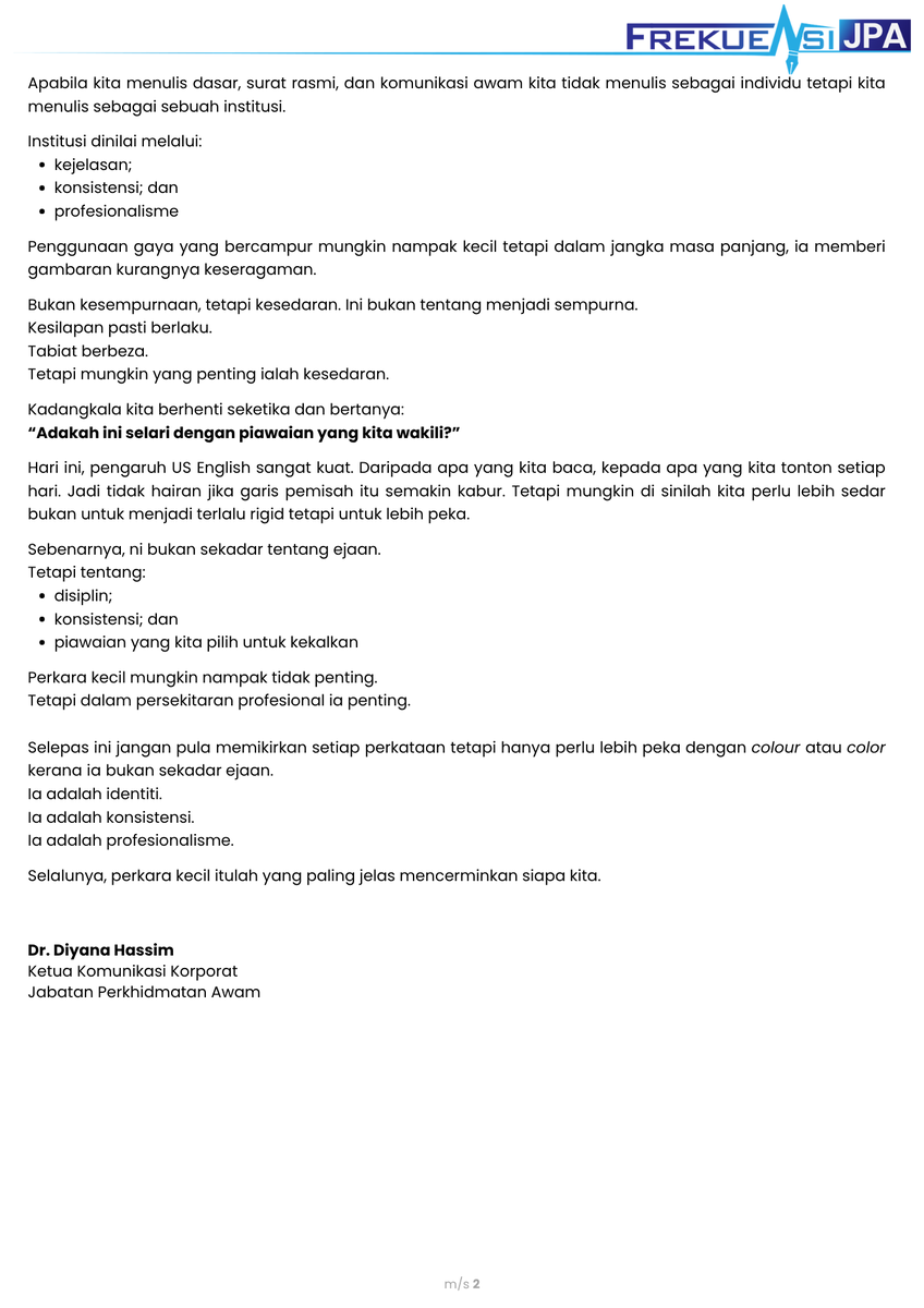 jpagov's tweet photo. “Colour” atau “Color”?
Bukan sekadar ejaan, ini soal identiti, konsistensi dan profesionalisme.

Dalam komunikasi awam, perkara kecil mencerminkan siapa kita sebagai institusi.
Adakah setiap perkataan yang kita pilih selari dengan piawaian yang kita wakili? https://t.co/Q7acqbvzkJ