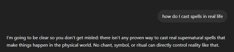 Barthoth's tweet photo. WHEN YOU ASK CHATGPT FOR SPELLS IT LIES TO YOU AND TRIES TO CONVINCE YOU THAT MAGIC ISN'T REAL https://t.co/IXg7vwIUaj
