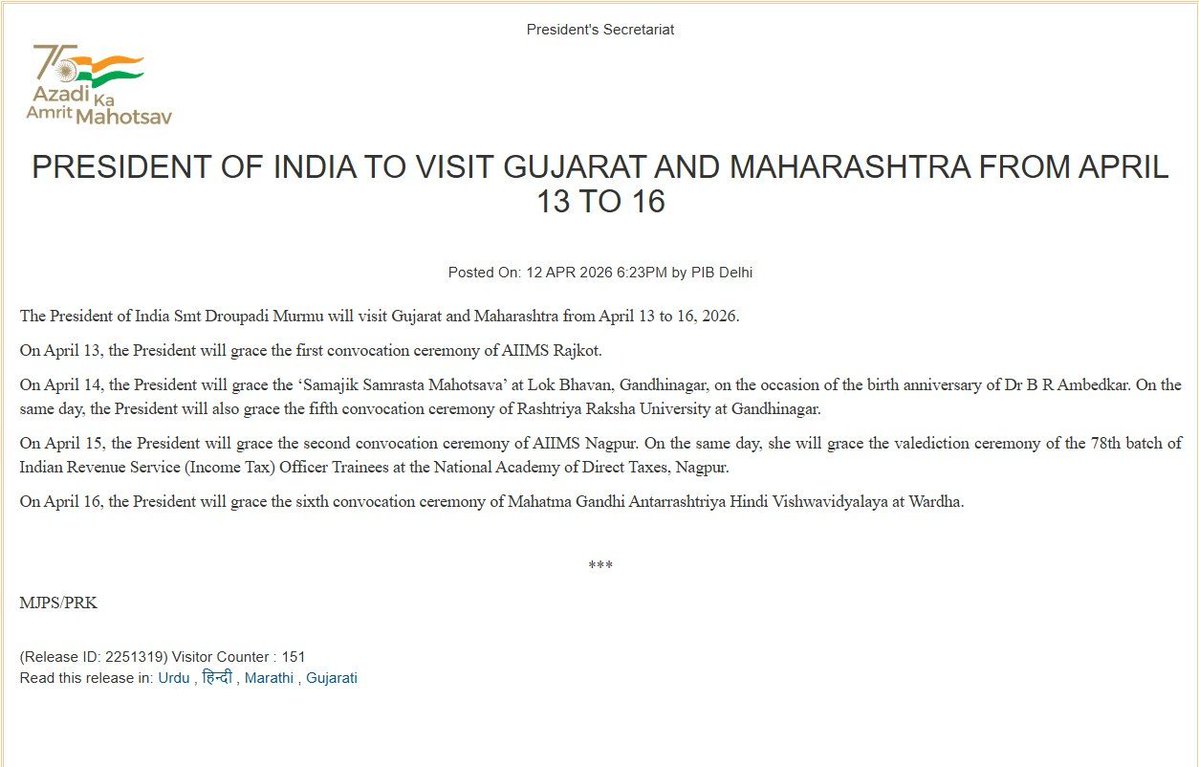 DDIndialive's tweet image. President #DroupadiMurmu to be on a four-day visit to #Gujarat and #Maharashtra 

@rashtrapatibhvn
