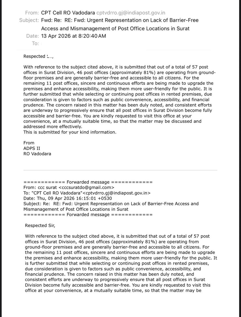 Dear <a href="/JM_Scindia/">Jyotiraditya M. Scindia</a> <a href="/IndiaPostOffice/">India Post</a> <a href="/DoT_India/">DoT India</a> look at the audacity of RO Vadodara, after having such a gross mismanagement of operating 20 % post offices on 1st floor without barrier free facility for senior and divyang citizens, the want us to visit them 151 kms away in Vadodara.