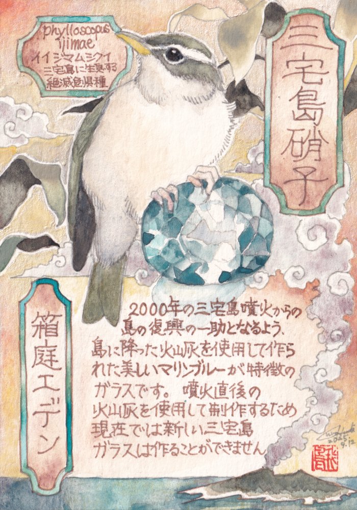 こちらです!!描かせていただきました!ポストカードも作って頂いたそうです。ありがとうー!三宅島ガラスは噴火の最初の火山灰をガラスに使うそうでとても興味深いガラスです。なんでも、この灰の成分で透明度が増し、美しいガラスが生成できたとか。#裏花火落書 