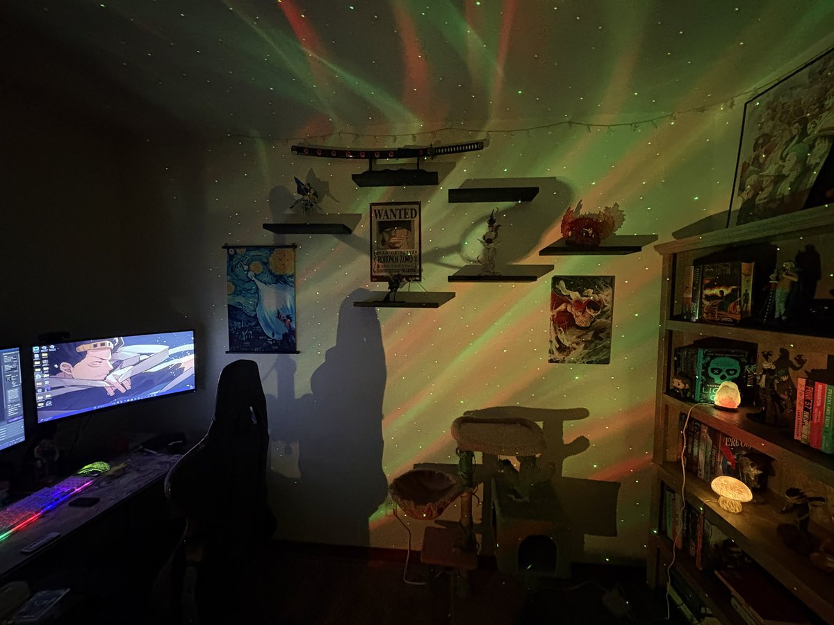 Mythical_Foxx_'s tweet photo. Did a little redecorating in my stream room today 🥰 my cozy little reading nook is coming together slowly with the cherry blossom 🌸 lights. https://t.co/tUdobemtBh