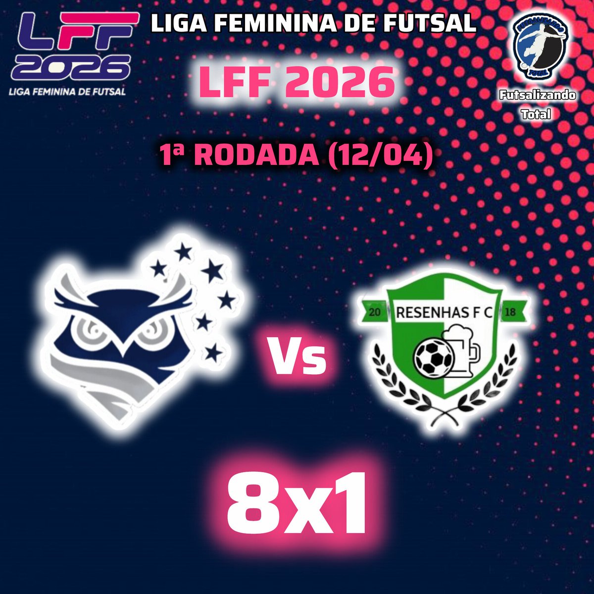 FutsalizandoTT's tweet image. LIGA FEMININA DE FUTSAL

O Female Futsal venceu o Resenhas por 8 a 1 na estréia da LFF 2026.

#FutsalizandoTotal #LigaFemininaDeFutsal #LFF #LFF2026