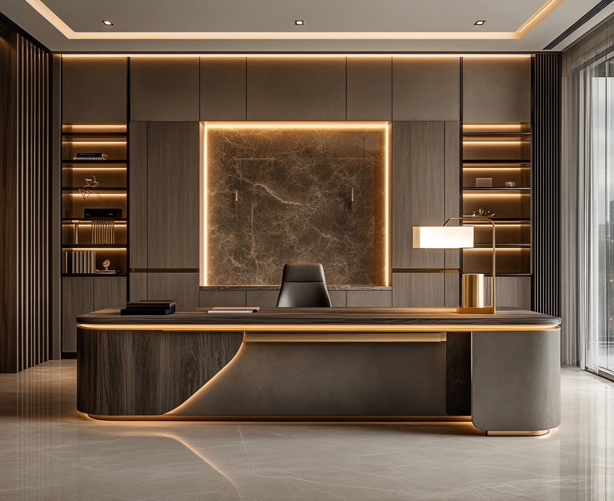 SaintcyOffice's tweet image. Architectural tension. A vast walnut worktop meets a sculptural cantilevered leg, balanced by massive charcoal storage. A bold statement of modern visionary power and structural clarity. saintcyspace.com: SAINTCYFURNITURE3 
#executiveoffice #ceostyle