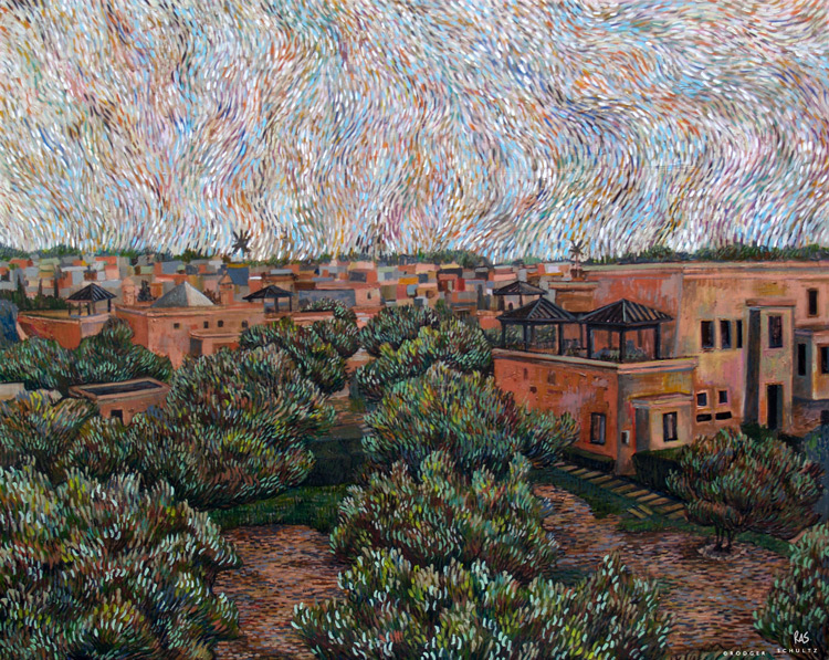 rodgerschultz's tweet photo. @cozyvibes I think I've been there.  Marrakech.  This is a painting I made from the roof.  https://t.co/eFMgBsNKz9 https://t.co/8orc43bF3m