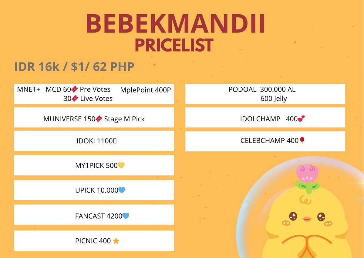BEBEKMANDII PRICE LIST

WTS LFB 

MNET+
MUNIVERSE
PODOAL
IDOLCHAMP
CELEBCHAMP
IDOKI
MY1PICK
UPICK
FANCAST
PICNIC

📩 for buy/reservation/more info

wts wtb sell voting kpop app music show