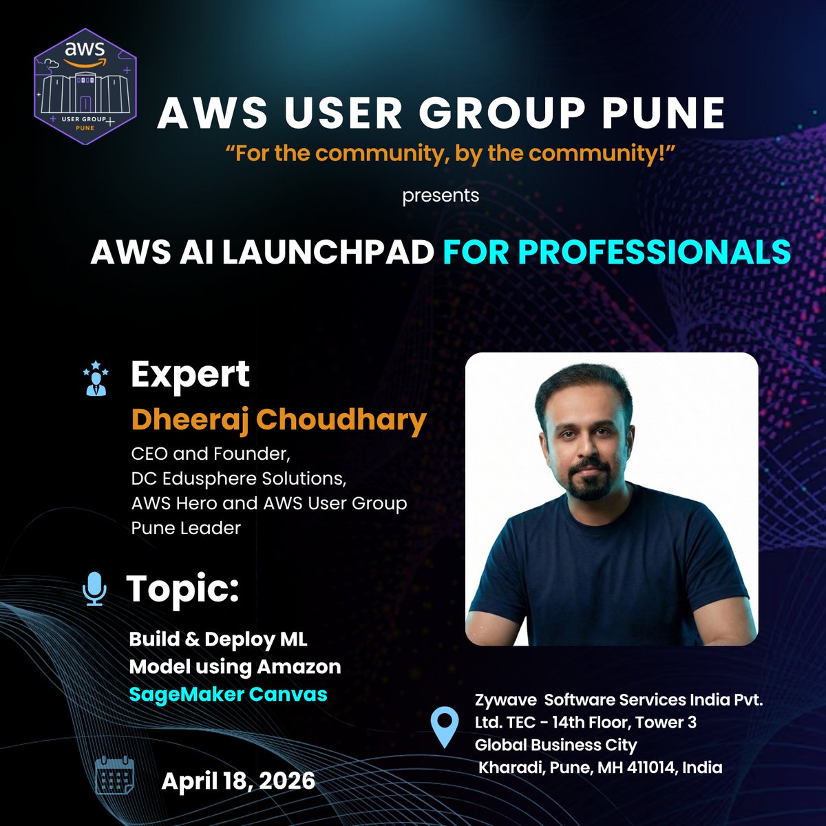 AwsPune's tweet image. Speaker Announcement!

From our own community,
Dheeraj Choudhary
AWS Hero | AWS UG Pune Leader

Workshop: Build &amp;amp; Deploy ML Model using Amazon SageMaker Canvas

18 April 2026 | 10:00 AM – 5:00 PM

#awscommunity #awsugpune