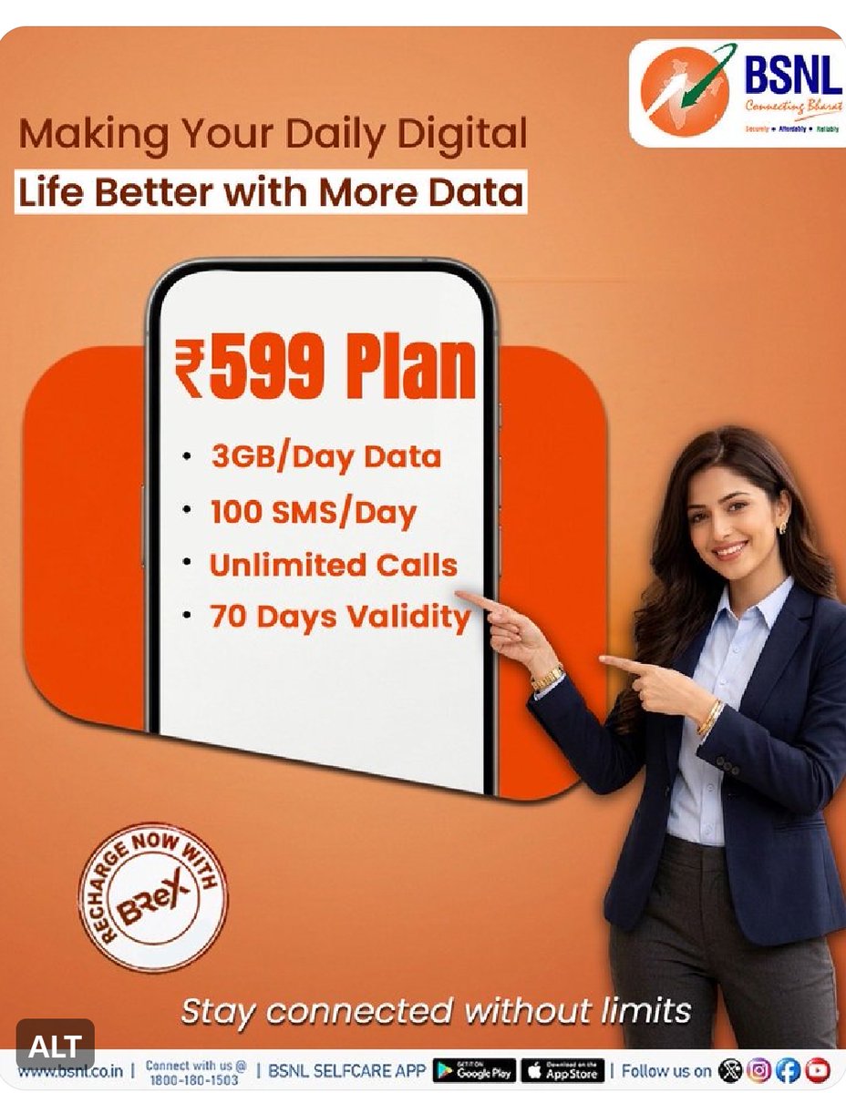 BSNL_HP's tweet image. Ek recharge, full tension-free connectivity  

 STV-599 ke saath paaye 70 din tak unlimited calls, daily data aur SMS ka perfect combo! 

 #BSNL599 #StayConnected #UnlimitedCalling #DataPlan #BSNLIndia #RechargeNow #bsnlhp