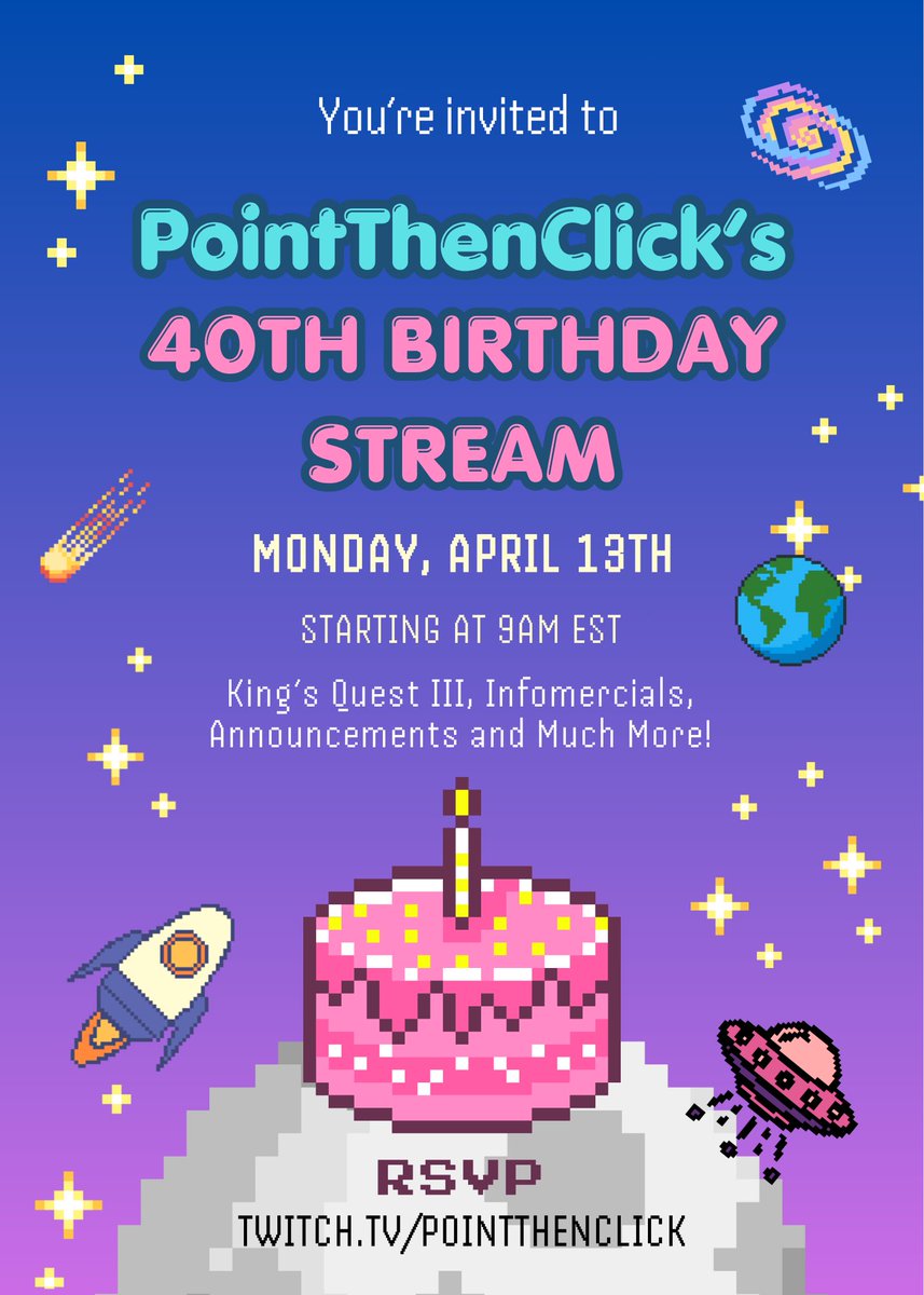 PointThenClick's tweet photo. Turning 40 means I’ve officially been here long enough for my childhood to count as retro, so come celebrate with me on Twitch for a birthday stream full of old games, funny commercials and rad vibes. https://t.co/i1P9WxUbHQ