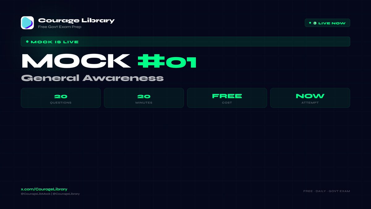 CourageLibMock's tweet photo. 🟢 MOCK LIVE NOW - SSC GD 2026!

Mock #1 — General Awareness
❓ 20 Qs | ⏱ 20 Min

Attempt karo abhi → https://t.co/jWxMhCAZpl

FREE. No login. Just click &amp; start! 💪

#FreeMock #MockTest #SSCLive https://t.co/mq6ZlO8l8t