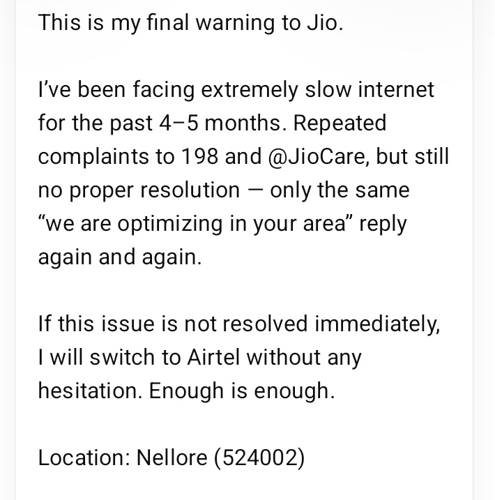 xprajasekhar's tweet image. @JioCare @reliancejio @TRAI @DoT_India @PMOIndia
Take this seriously and fix it now.
#Jio #SlowInternet #FinalWarning  ....#jio 

@airtelindia @Airtel_Presence