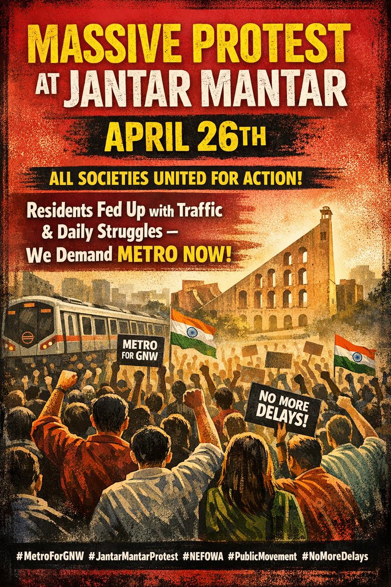 <a href="/nefowaoffice/">NEFOWA</a> <a href="/narendramodi/">Narendra Modi</a> <a href="/PMOIndia/">PMO India</a> <a href="/myogiadityanath/">Yogi Adityanath</a> <a href="/mlkhattar/">Manohar Lal</a> <a href="/MoHUA_India/">Ministry of Housing and Urban Affairs</a> <a href="/Secretary_MoHUA/">Srinivas Katikithala</a> <a href="/ChiefSecyUP/">S.P. Goyal, Chief Secretary, GoUP</a> <a href="/CMOfficeUP/">CM Office, GoUP</a> <a href="/CeoNoida/">CEO, NOIDA Authority</a> <a href="/OfficialGNIDA/">Greater Noida Industrial Development Authority</a> Massive Protest at Jantar Mantar on April 26th .
All society representatives have pledged to connect as many people as possible to this movement .Residents, struggling daily with traffic, endless hassles, now want action, not just assurances.
#MetroForGNW  #JantarMantarProtest