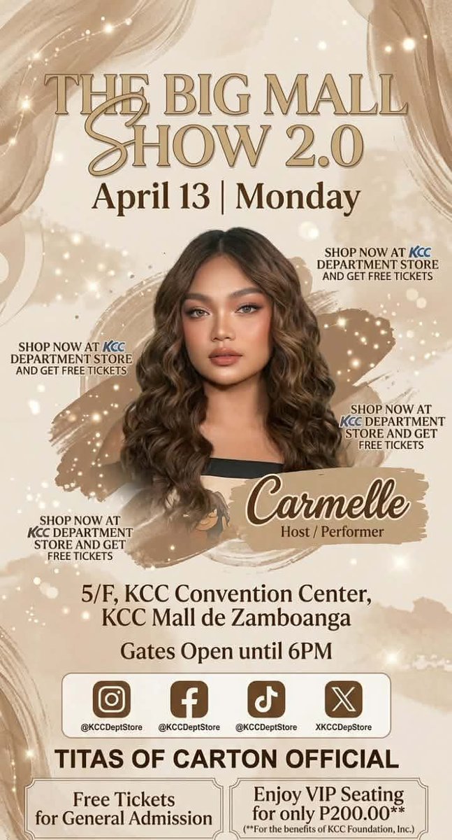 titasofcarton's tweet photo. Ready na ba kayo mga Langga?👋

Catch Carmelle LIVE at the KCCollab: The Big Mall Show 2.0 today! April 13 at KCC Mall de Zamboanga! 💙

Let’s all come together and show our love and support. Your presence will make her performance even more special! 🌟

🎤 Feel the energy
💃 Witness the talent
🔥 Experience an unforgettable show

Bring your friends, your family, and your loudest cheers! Let’s fill the venue with love for Carmelle! 💫

#KCCollab #BigMallShow #carmellecollado #titasOfCarton