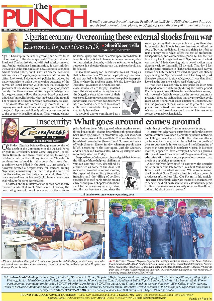 Today's Biggest Headlines 

Here are some of the news reports that you shouldn’t miss this morning

1. Military defends Borno strike as death toll rises

=== punchng.com/military-defen…

2. 2027 tussle: S’Court hears ADC, PDP crisis suits Tuesday

=== punchng.com/2027-tussle-sc…

3.