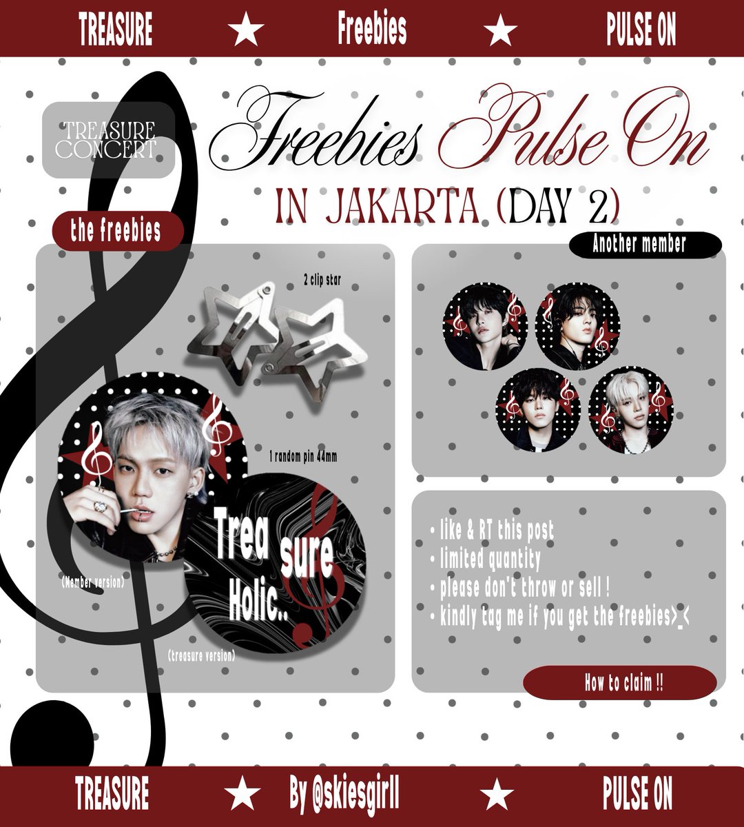 ★ TREASURE pulse on day 2
꒰ FREEBIES ꒱ ♥️ ⭑.ᐟ
⤷ by ©skiesgirll ⟢

⋆⭒ sunday 26 April '26
⋆⭒ Indonesia Arena

𖦹 rt and like are appreciated
𖦹 find me and show this post
𖦹 limited quantity !

see you there, teume ⭑.ᐟ