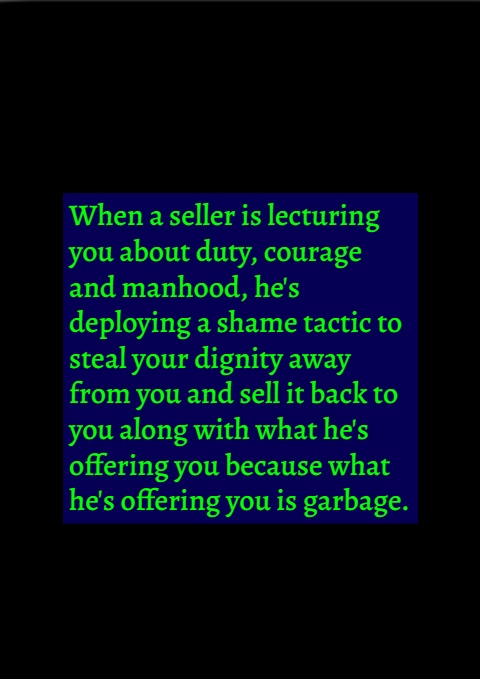 Bob790955513244's tweet image. @fightwithmemes 
BUSINESS RULE #6: If an item has any real value, it should not require a shame tactic to sell it.
#value #worth #worthwhile
Checkmate! Fight's over. Your game's been exposed. You lost to me.