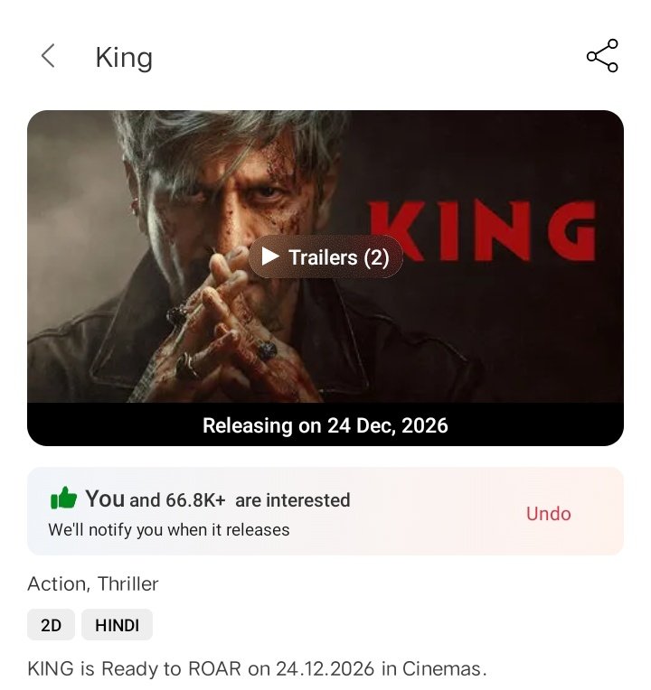 FirojAh73036204's tweet image. #king BookMyShow interest 66.8k complete 💯 mark your interest 🔥 
#ShahRukhKhan
