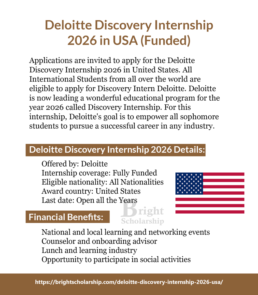 BrightSship's tweet image. Deloitte Discovery Internship 2026 in USA (Funded)

Internship coverage: Fully Funded
Eligible nationality: All Nationalities
Award country: United States
Last date: Open all the Years

Apply Link: brightscholarship.com/deloitte-disco…

#BrightScholarship #FullyFunded #Internship #USA