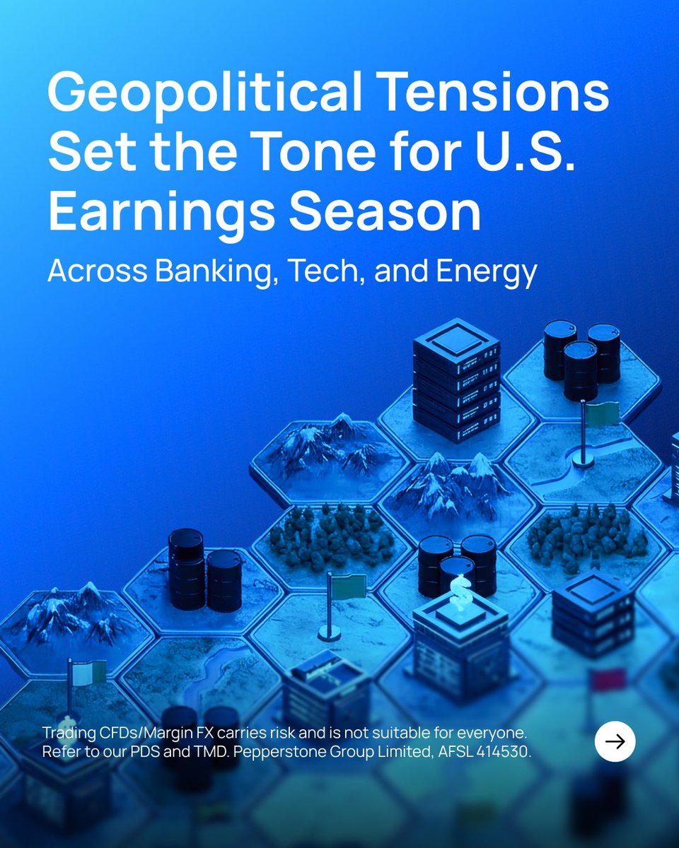 PepperstoneFX's tweet photo. 🔥 Earnings season is back, but the rules have changed.

Geopolitical risk is driving pricing, not just earnings results. Banks face margin pressure, AI is shifting from capex hype to monetisation reality, and energy remains the key volatility channel.

This is a narrative-driven market, not just a numbers game. Read the full analysis provided by our research team 👉 https://t.co/6Sbe6U4kW1 

#Pepperstone #WhereBetterTrades