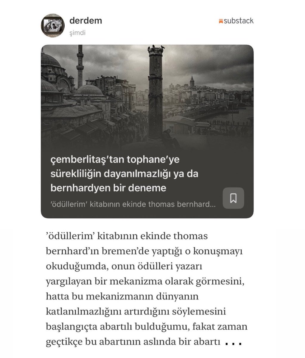 …kuruyor ki; dünkü çemberlitaş’tan tophane’ye uzanan o yürüyüş de tam olarak böyle bir yürüyüşte, bir yürüyüş olmaktan çok onunki gibi bir bakışın içinde sürüklenmekti, zira o anlarda istanbul’un bir yanında yağmur yağarken çemberlitaş’ta…
open.substack.com/pub/derdem/p/c…