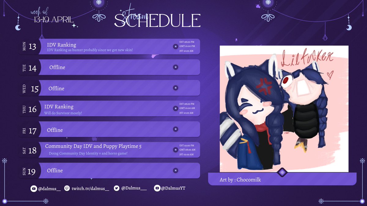 Heyo everyone  !!!! Schedule for this week is ready!!!!! This week's art was made by Chocomilk!!!!!!! Gracias por el bonito arte choco!!!!