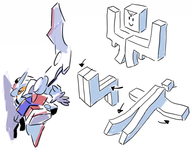 SDリアル変形ガンダム、コンセプト。胸に変形関節のほぼ全てが集まるのでにっちもさっちもいかなくなりそうではあります。