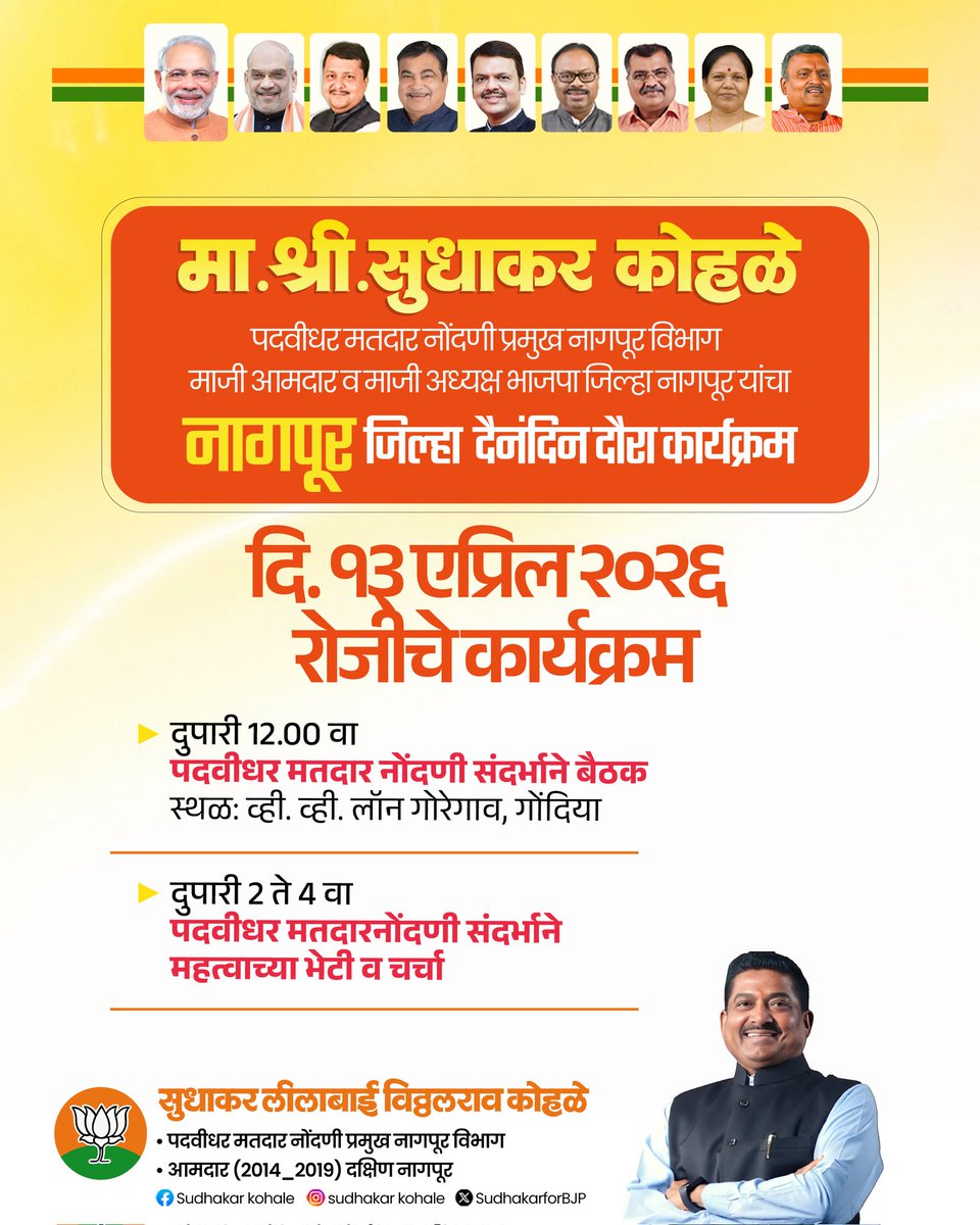 SVKohale's tweet image. भारतीय जनता पार्टी 
मा. श्री.सुधाकर कोहळे पदवीधर मतदार नोंदणी प्रमुख नागपूर विभाग माजी आमदार व माजी अध्यक्ष भाजपा जिल्हा नागपूर यांचा दैनंदिन दौरा कार्यक्रम

🗓️13 एप्रिल 2026
📍 नागपूर जिल्हा 

#DailySchedule #NagpurDistrict #SudhakarKohale  #BJP