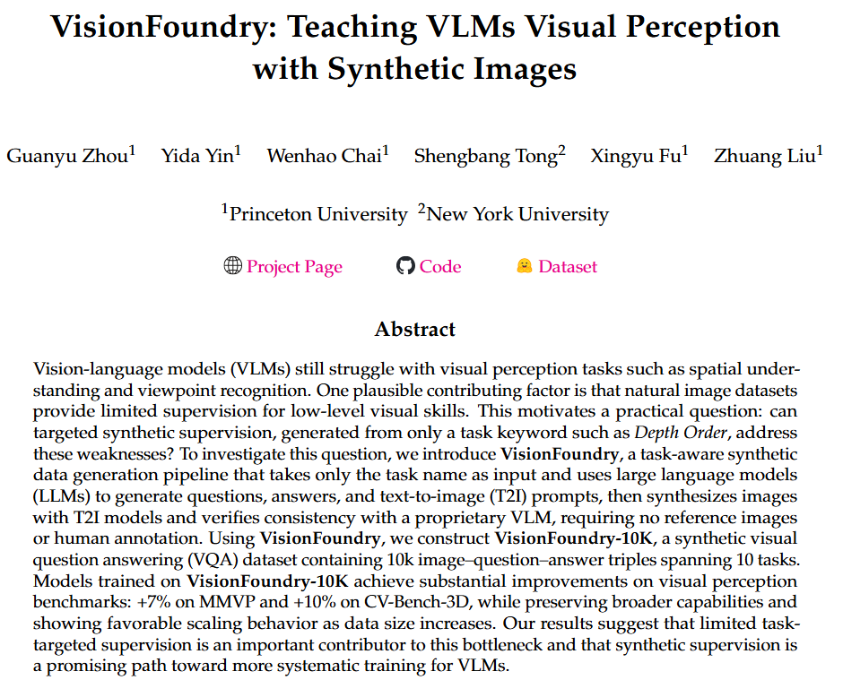 It's time to systematically teach VLMs to see with synthetic images!

We built VisionFoundry, a simple but intuitive framework that generates synthetic image datasets from only a task name.

10k synthetic data → over +10% improvement on visual perception benchmarks 👀