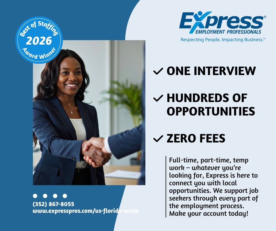 Why work with Express? Here's just a few reasons to partner with us in our mission to find you a great job. We're here for you -- explore more about us at expresspros.com/us-florida-oca… or call (352) 867-8055 to talk to a team member today! #WorkOcala #OcalaJobs