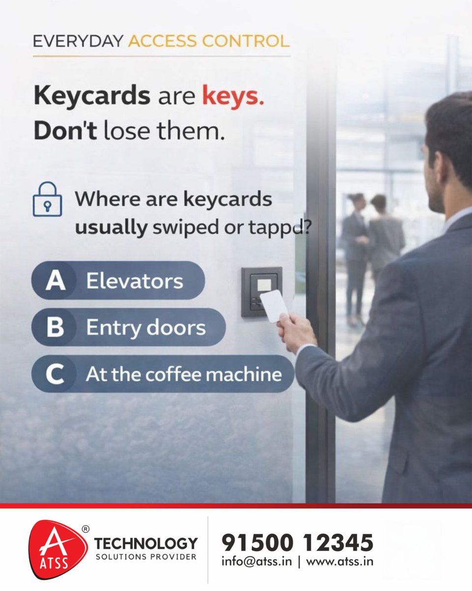 InfoATSS's tweet photo. Keycards are the NEW keys! 🔑 Don't lose them. 🛡️
Where do you tap yours most? A) Elevators 🛗 B) Entry doors 🚪 C) Coffee machine ☕
Secure your business with ATSS technology solutions. 🚀📞91500 12345 | https://t.co/VylqcIbNLQ
#AccessControl #SecureEntry #DoorAccessControl https://t.co/D6Ny1KrrTJ