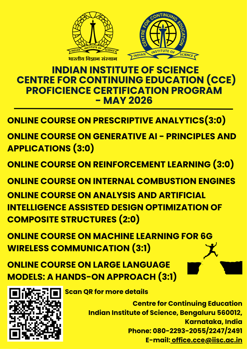 cce_iisc's tweet image. Advance your expertise with Proficience Certification Programs by CCE, IISc.
Online courses in AI, Generative AI, Machine Learning, Data Science, Engineering &amp;amp; more. 
Taught by IISc faculty | Credits &amp;amp; Certificates | NEP aligned.
Apply now: cce.iisc.ac.in/cce-proficienc…
#Upskill #IISc