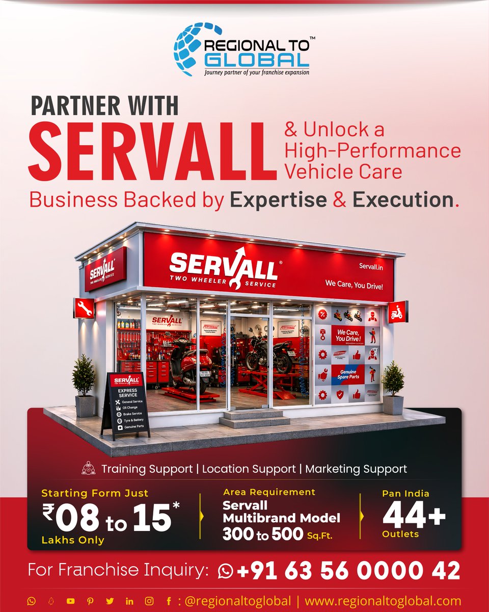 Regionaltoglobl's tweet photo. Franchise with Servall
and Unlock a High-Performance Vehicle Care Business Backed by Expertise &amp; Execution.

#RegionaltoGlobal #ServallBusiness #HighPerformanceFranchise #AutoServiceIndia #WorkshopSetup
.
.
[ Servall Business Model, High Performance Franchise ] https://t.co/L4t6GNekXb