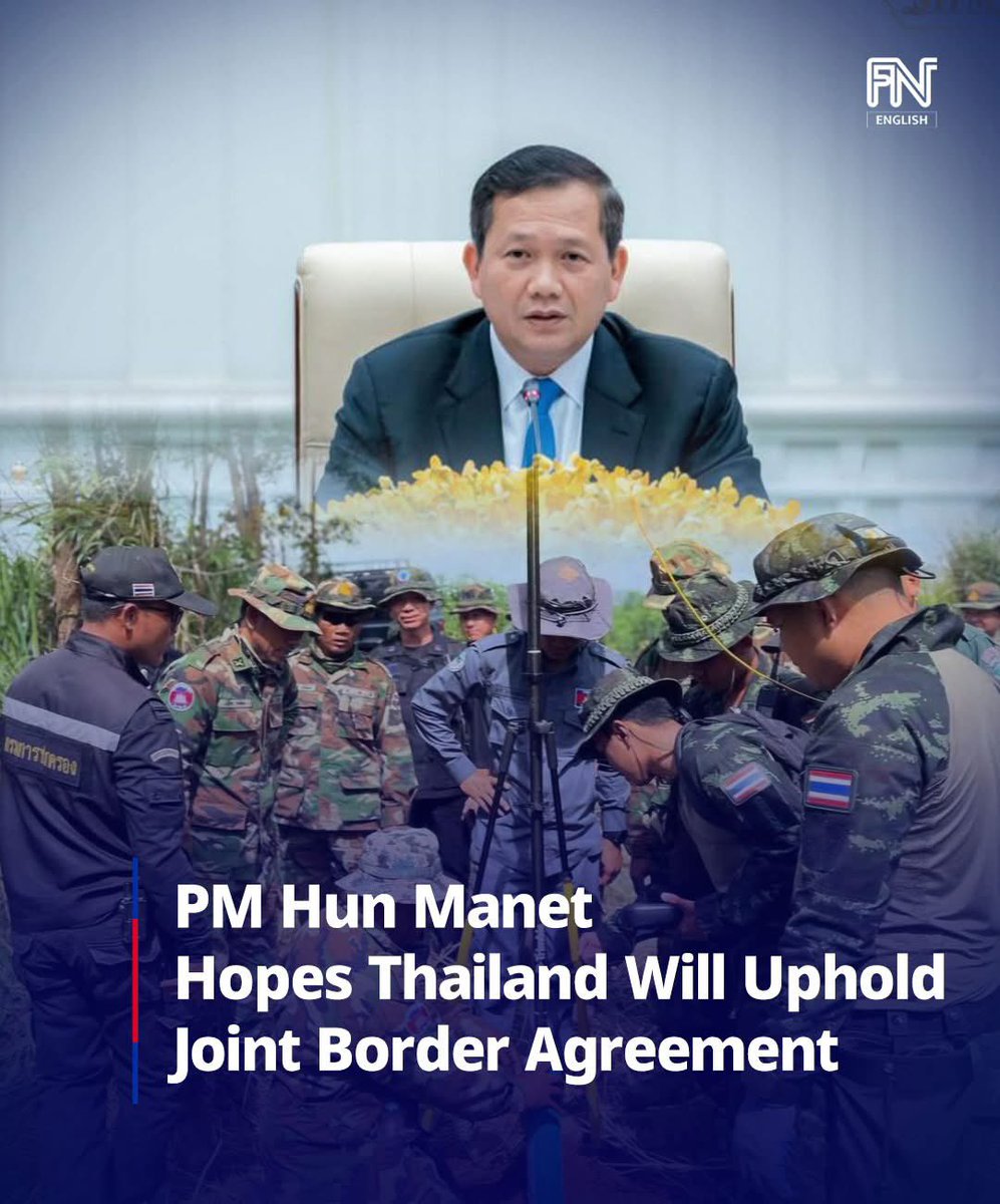 freshnewsasia's tweet photo. Cambodian Prime Minister Hun Manet expressed hope that Thailand will continue to fully implement the agreements reached in the Joint Statement of the 3rd Special General Border Committee (GBC) between the two countries.

In a message posted on his social media on Saturday night (Apr. 11), Samdech Thipadei reaffirmed that since ceasefire in December, both Cambodia and Thailand have always declared respect and adherence to the agreements reached in the Joint Statement (JS) of the 3rd Special General Border Committee (GBC) between the Kingdom of Cambodia and the Kingdom of Thailand on 27 December 2025.

“For this reason, Cambodia hopes that Thailand will continue to adhere to the implementations of the JS agreement, in particular Point 3 which states that: 

Both sides agree that all arrangements under this Joint Statement are without prejudice to the border demarcation and international boundary between the two countries. Both sides agree to refer to the Joint Boundary Commission to resume, at the earliest, the survey and demarcation works, in accordance with existing agreements between the two countries to achieve lasting peace along the border. Both sides agree to utilize Joint Boundary Commission’s existing mechanisms to ensure safety and security of the joint survey team on the ground, including its safety from landmines. Both sides agree that the Joint Boundary Commission will accord the first and foremost priority for the immediate survey and demarcation works in the affected border areas where the civilians resided,” he added. 

Samdech Thipadei also underlined Cambodia’s strong hope that the Joint Border Commissions of both countries can begin implementing works, as agreed in JS (Point 3), quickly and with sincerity, so that the two sides can properly and clearly demarcate border in a peaceful manner. This will be foundation for long-lasting peace that would allow the people living a long shared border to live peacefully. 

“Cambodia is fully ready,” he affirmed.