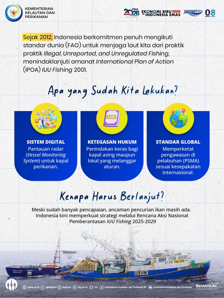cakrofik69's tweet photo. Sahabat Bahari, upaya pencegahan, penanggulangan, dan pemberantasan IUU Fishing terus dilakukan dan diperkuat, salah satunya dengan menyusun Keputusan Menteri Kelautan dan Perikanan Nomor 79 Tahun 2025 tentang RAN IUU Fishing. Apa saja isinya? Jangan lupa share dan save! https://t.co/x29LMsPEnj