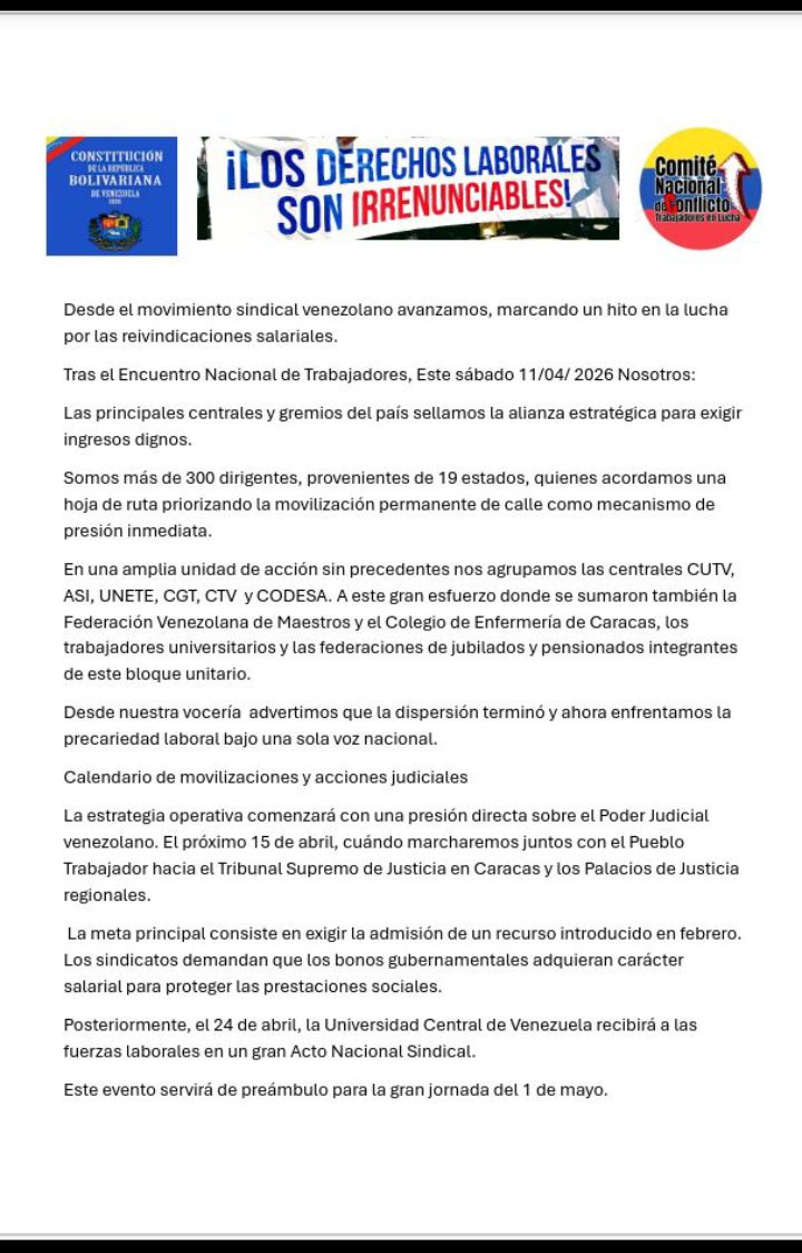 CaraboboFn3810's tweet photo. 🔉Desde el Sindicalismo Clasista Venezolano del @FNLCT &amp; @CUTV_Venezuela y la @AsambleaCNCTL en #AcuerdoUnitario Convocamos a la #UnidadDeAccion del Pueblo Trabajador, Vamos Todos a las calles de #Venezuela a exigir:
! Salarios, Democracia y Libertad.!
Por un #1DeMayoEnLucha ✊🏼 https://t.co/BIs2zeA7ol