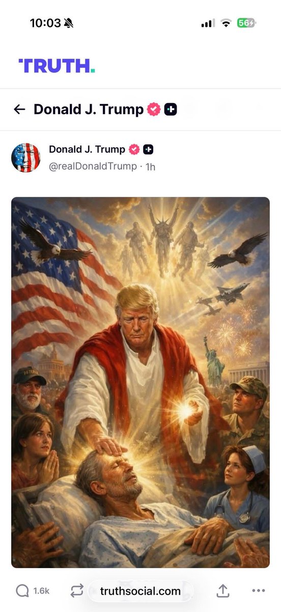 ClintStroupe's tweet photo. Out of curiosity, if you are a professing believer in God and onboard the Trump bandwagon, does this pic he shared on his official TruthSocial account finally a bridge too far?  Or is it just another undetectable degree for the frog in the pot analogy? https://t.co/9uEc1xhvxz