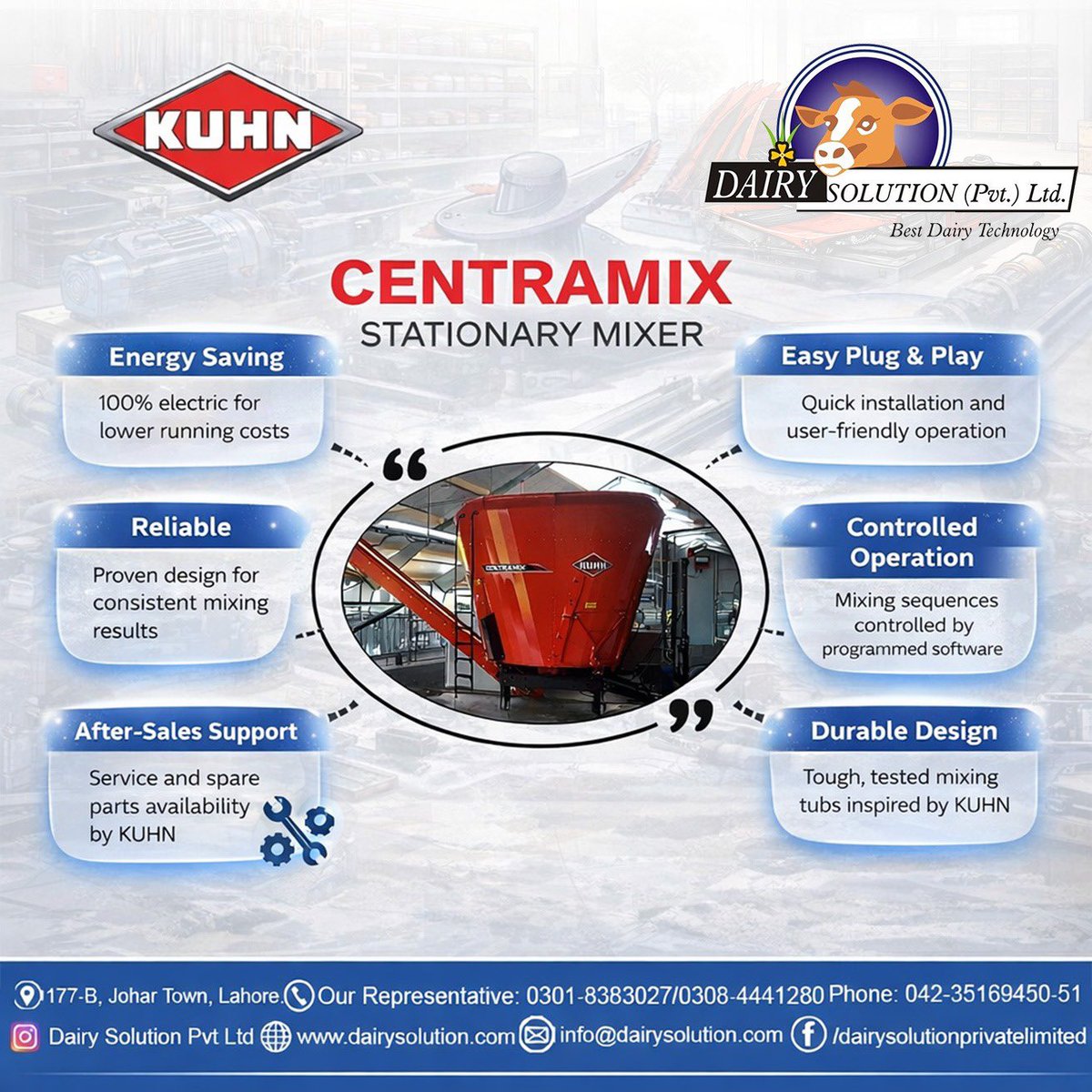 PvtDairy's tweet image. 200 years. One legacy of innovation.

The KUHN Centramix Stationary Mixer brings precision, efficiency and durability to modern dairy feeding.

Contact Dairy Solution Pvt. Ltd., authorised KUHN dealer in Pakistan.

#KUHN #SmartFarming #DairySolution