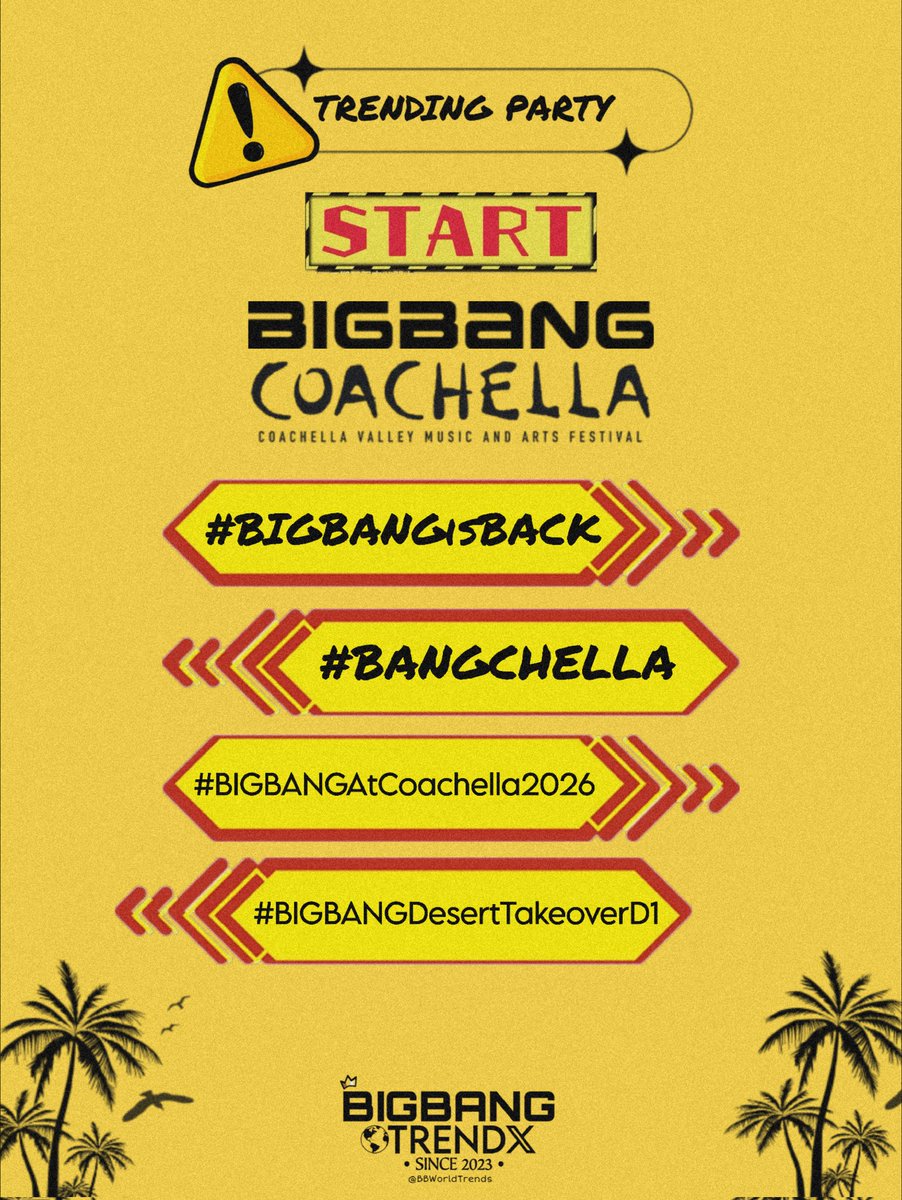 BBWorldTrends's tweet photo. 📣VIP

Our trending party officially starts now! Drop your tags as many as you can! 

Let us know which part of the world you are from -- fellow VIP! 
Reply under this post! Go! 

#BIGBANGisBACK
#BANGCHELLA
#BIGBANGAtCoachella2026
#BIGBANGDesertTakeoverD1 https://t.co/ORDPkugGrF