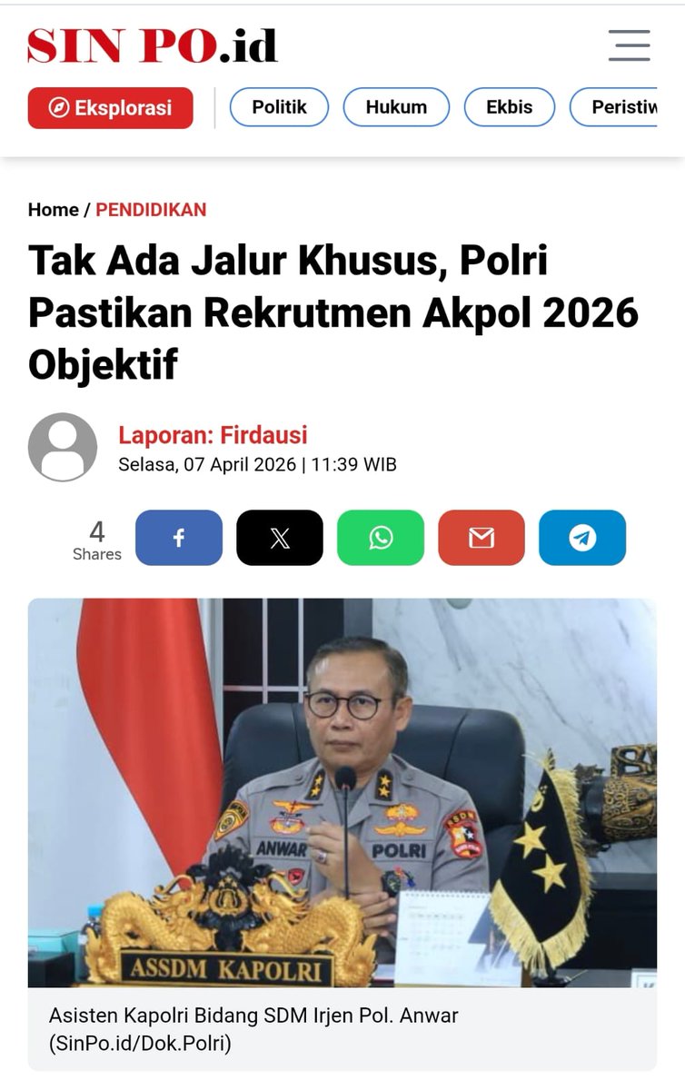 Polri pastikan rekrutmen akpol 2026 berjalan obyektif, tidak ada jalur khusus untuk masuk
#RekrutmenAnggotaPolri
Transparan Akuntabel Humanis
