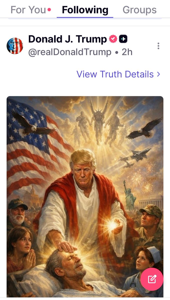 MaryMacElveen's tweet image. Now he has gone and done it on his Truth Social platform. President Donald J Trump thinks he is Jesus Christ Our Lord and Savior. That is Blasphemy.