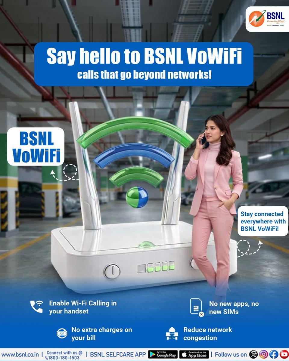 BSNL_GJ's tweet image. No App. No SIM Change. Just Better Calls.
BSNL VoWiFi – Connect to Wi-Fi and talk endlessly.

* No extra apps
* No SIM upgrade
* No extra charges
* Clearer calls, less congestion

#BSNLVoWiFi #WiFiCalling #StayConnected #BSNLNetwork #bsnlgujarat