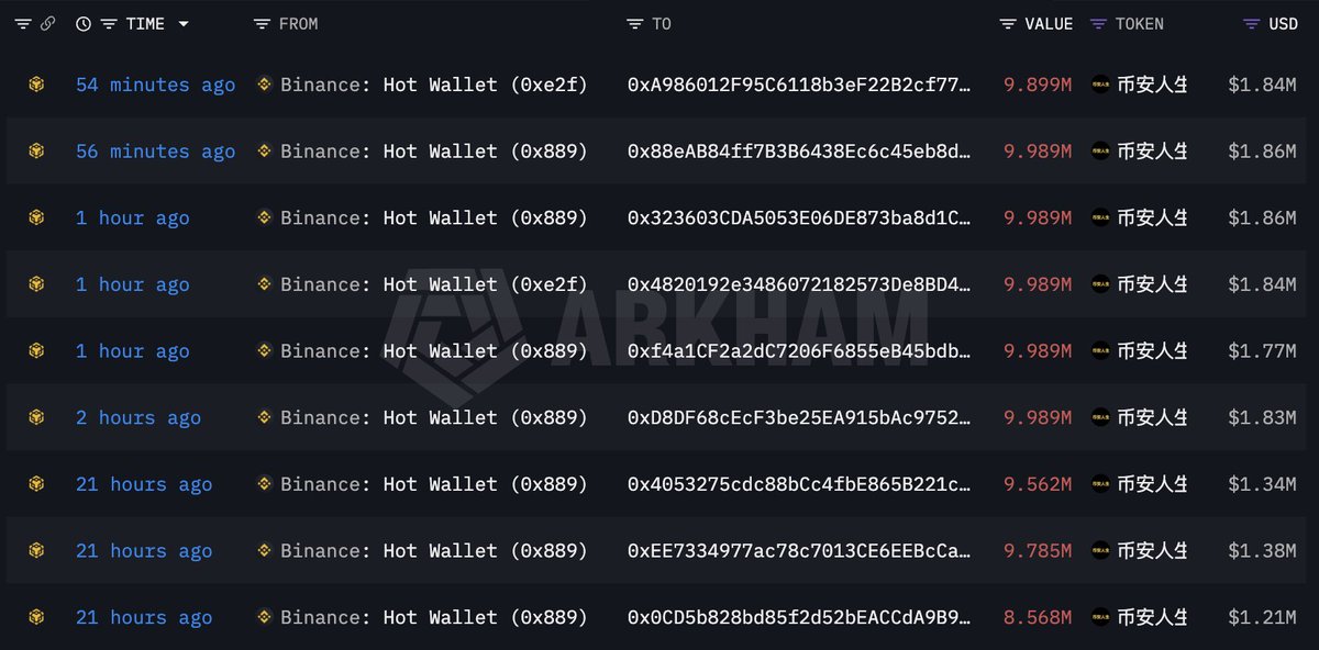 lookonchain's tweet image. Nine newly created wallets withdrew 87.76M $币安人生($14.9M) from #Binance in the past 24 hours.

intel.arkm.com/explorer/token…