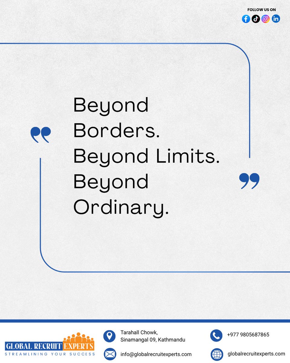 globalrecruit34's tweet image. Beyond Borders. Beyond Limits. Beyond Ordinary. 🌍✨ #GlobalRecruitExperts #MondayMotivation #BeyondBorders #CareerOpportunities