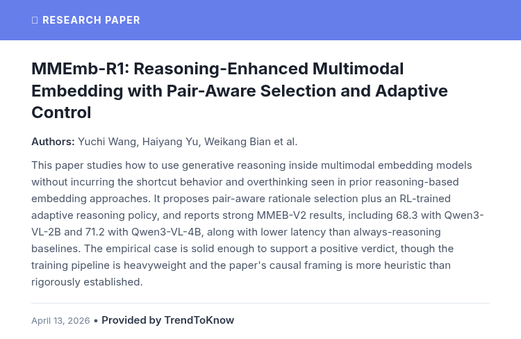 aitrendings's tweet photo. MMEmb-R1: Reasoning-Enhanced Multimodal Embedding with Pair-Aware Selection and Adaptive Control

👥 Yuchi Wang, Haiyang Yu, Weikang Bian et al.

#AIResearch #MultimodalLearning #ReinforcementLearning

🔗 https://t.co/qWMv5xoO5I https://t.co/FKK1OjK7rZ