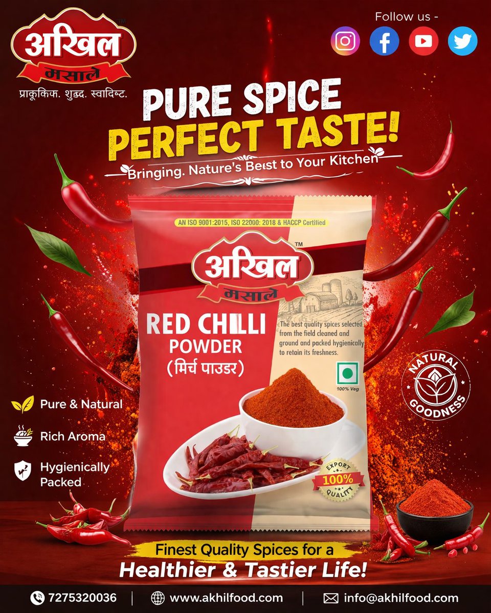 AkhilFoods123's tweet image. 🌶️ Add Perfect Spice to Your Food!

Try Akhil Red Chilli Powder 🔥
✔️ Pure &amp;amp; Natural
✔️ Rich Aroma
✔️ Hygienic
📞 7275320036
🌐 akhilfood.com
#Spices #RedChilli #AkhilMasala #FoodLovers