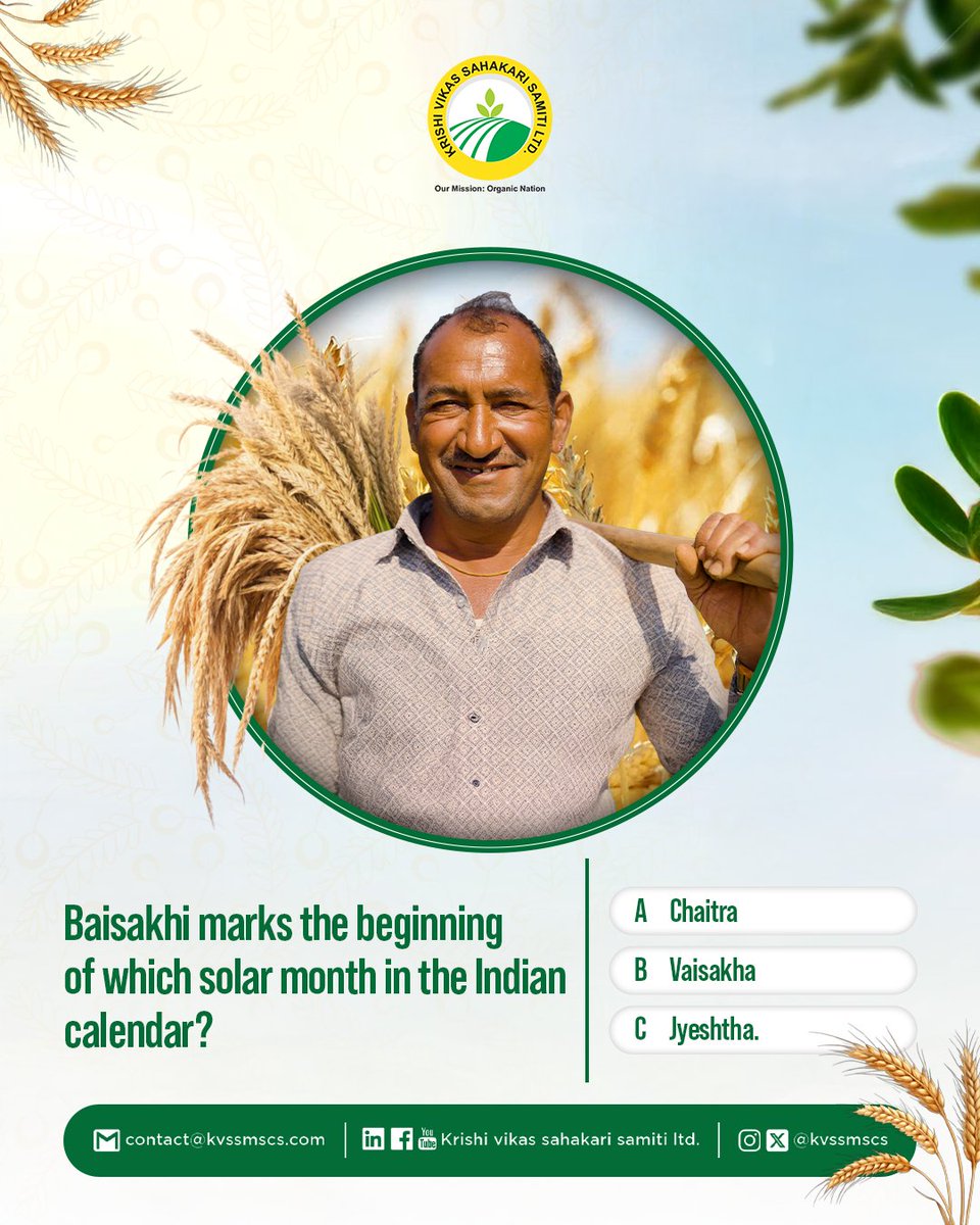 kvssmscs's tweet photo. The golden fields are ready, and Baisakhi is almost here! 🌾
How well do you know the Indian agricultural calendar?
Comment your answer below! 👇

#Baisakhi2026 #AgriQuiz #KVSSL https://t.co/Ey1WgGkgg2
