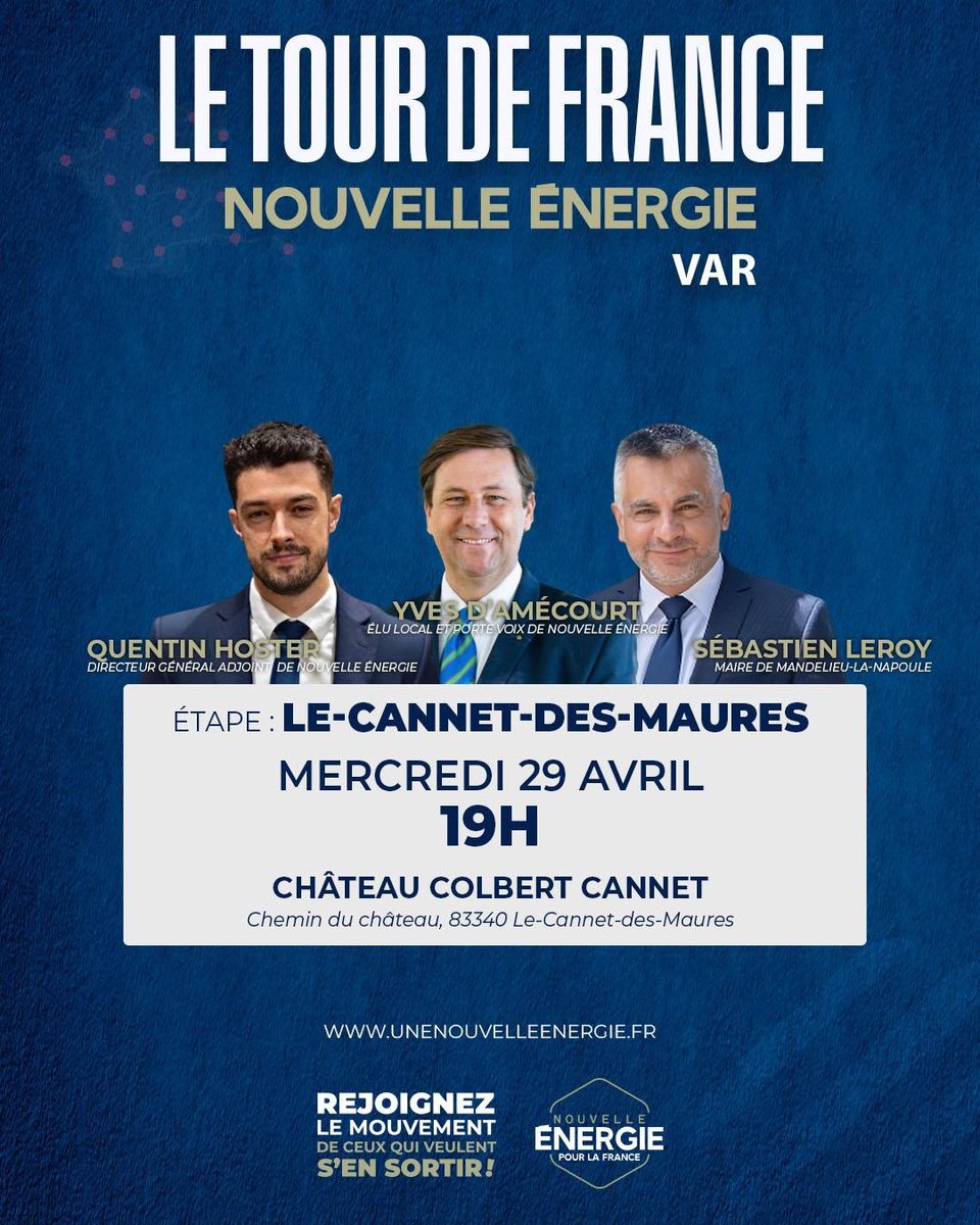 NlleEnergie83's tweet image. .@Nouv_Energie poursuit sa dynamique dans le #Var.

Le Tour de France Nouvelle Énergie fait étape au Cannet-des-Maures 🇫🇷

Avec @QuentinHoster, @yvesdamecourt et @SebastienLeroy_ 

📍 Château Colbert
🗓 29 avril – 19h

#AvecDavidLisnard #OnLeFera
#NouvelleEnergie